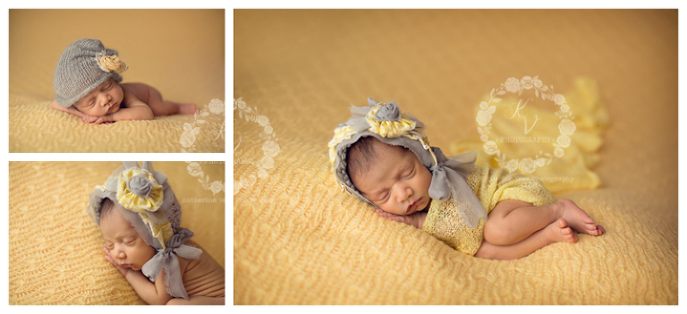 baby girl posed with yellow and gray