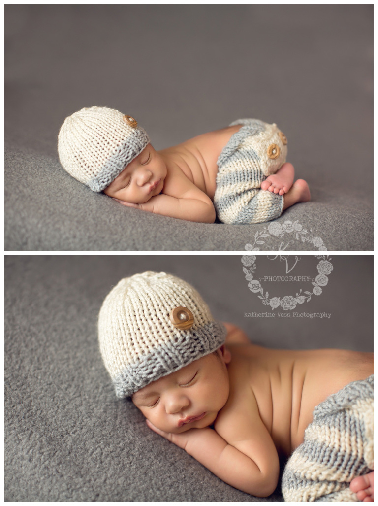 newborn baby in knit hat and pants