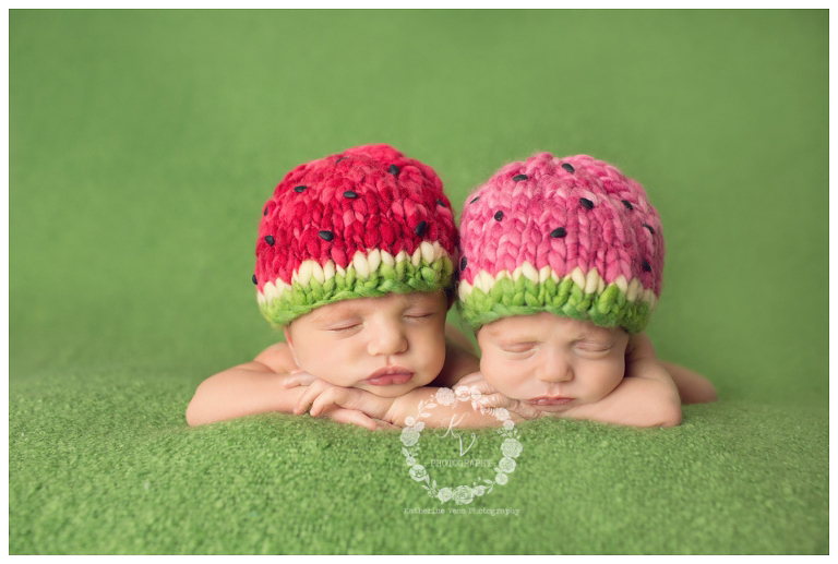 newborn twin girl, watermelon summer setup