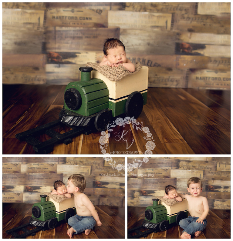 newborn in wood train, with sibling