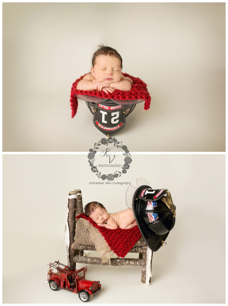 newborn with firefighter hat