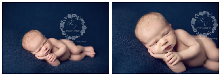 newborn side laying pose on blue